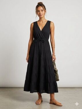 Max Studio Black Sleeveless V-Neck Maxi Dress with Tie Waist
